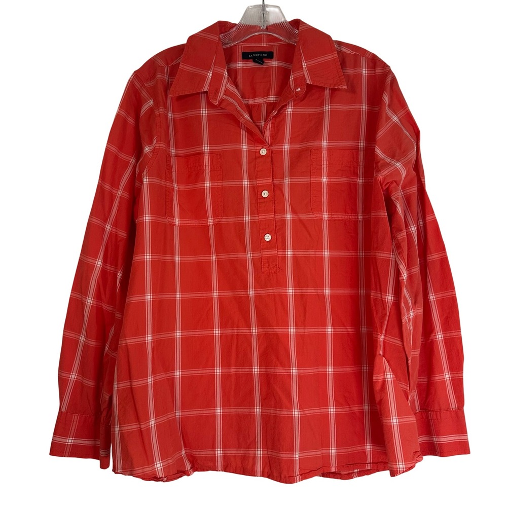 Lands End Red White Plaid Cotton Tunic Blouse XL Petite Roll Tab Sleeve Pocket